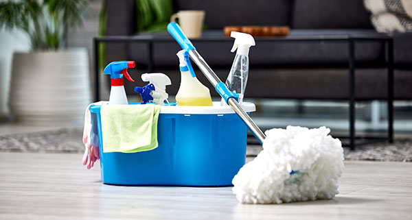 cleaning supplies arranged in a blue bucket with a mop and cloth in a bright living room setting three essential items for effective cleaning