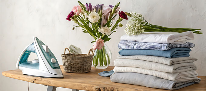 Iron and neatly stacked clean clothes on a wooden table with a vase of fresh flowers in the background showcasing an organized laundry space and ironing essentials for two tasks.