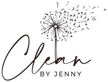 logo of Clean by Jenny featuring a dandelion with seeds dispersing and a modern script font expressing cleanliness and freshness in services related to 7 essential cleaning tasks